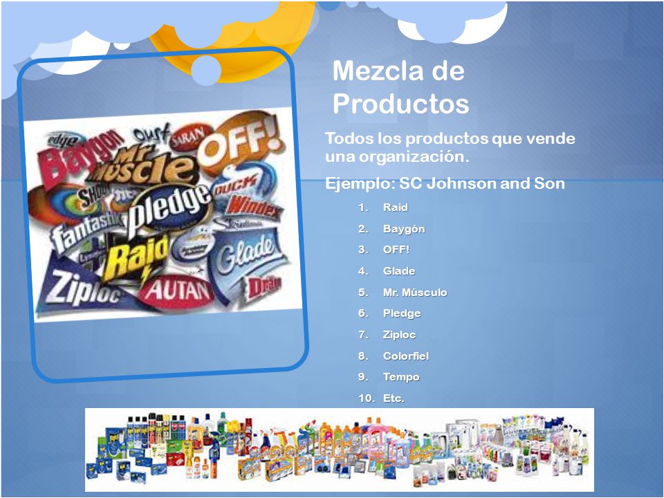 Mezcla de Productos Todos los productos que vende una organización.