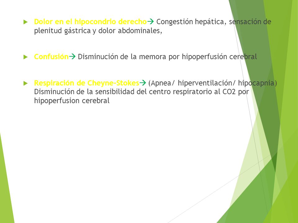 Dolor en el hipocondrio derecho Congestión hepática, sensación de plenitud gástrica y dolor abdominales,