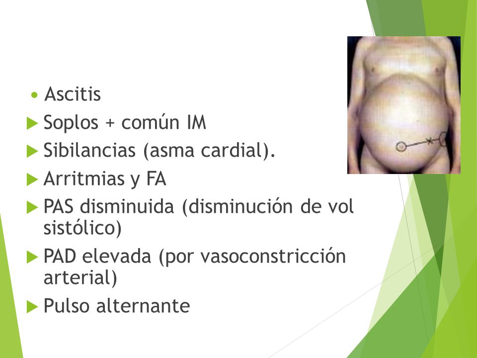 Ascitis Soplos + común IM. Sibilancias (asma cardial). Arritmias y FA. PAS disminuida (disminución de vol sistólico)