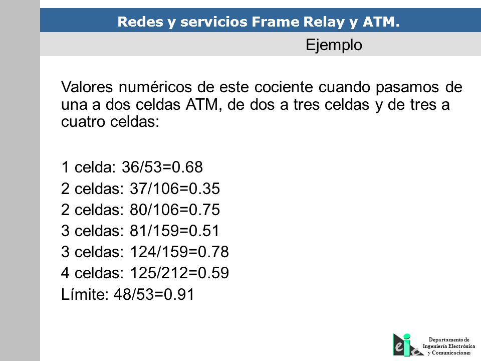 Ejemplo Valores numéricos de este cociente cuando pasamos de una a dos celdas ATM, de dos a tres celdas y de tres a cuatro celdas: