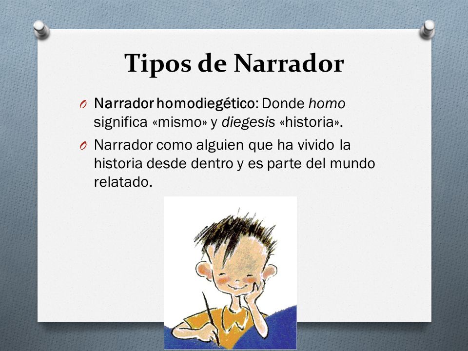 Tipos de Narrador Narrador homodiegético: Donde homo significa «mismo» y diegesis «historia».
