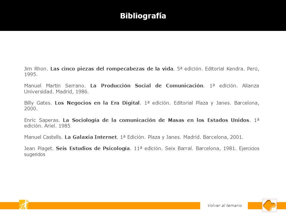 Bibliografía Jim Rhon. Las cinco piezas del rompecabezas de la vida. 5ª edición. Editorial Kendra. Perú,