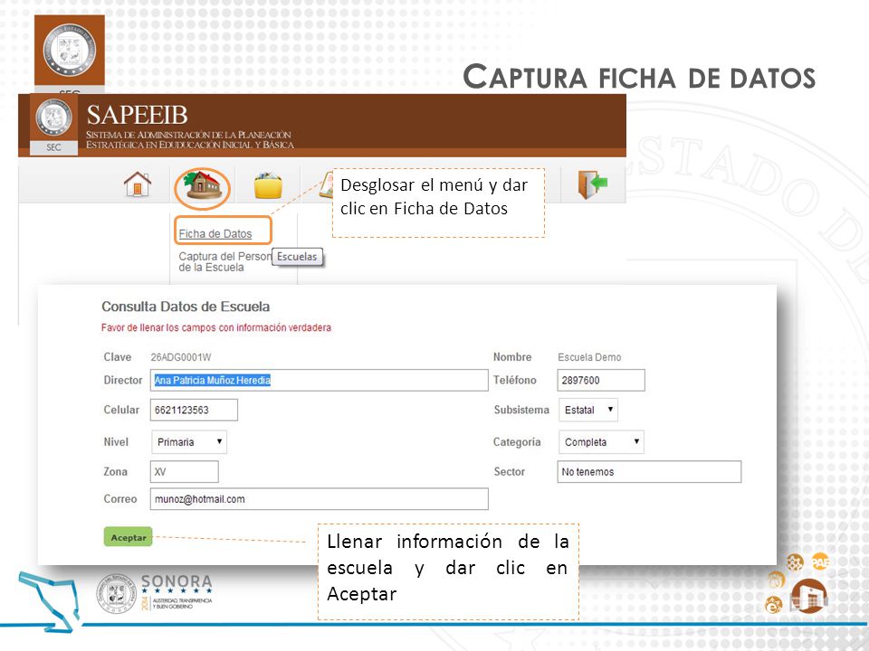 Captura ficha de datos Desglosar el menú y dar clic en Ficha de Datos.