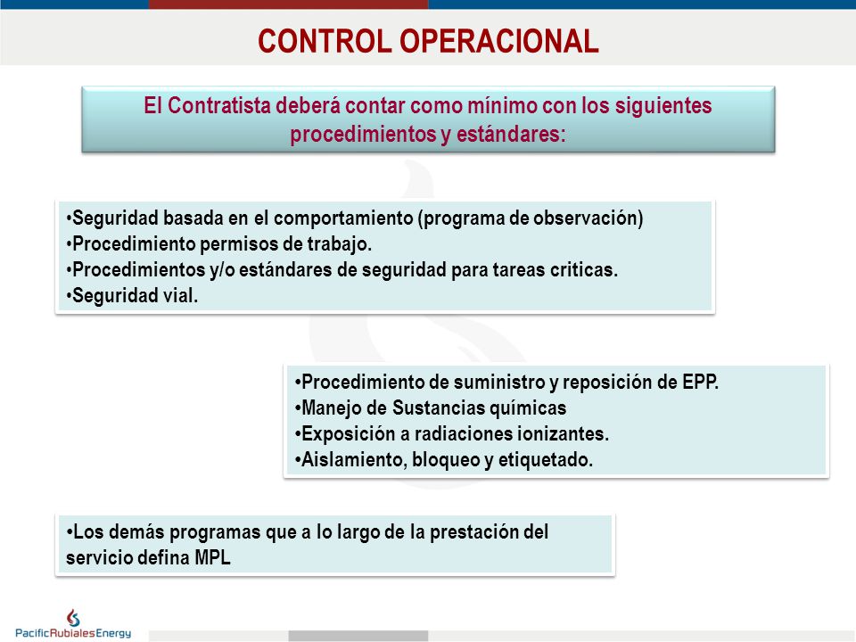 CONTROL OPERACIONAL El Contratista deberá contar como mínimo con los siguientes procedimientos y estándares: