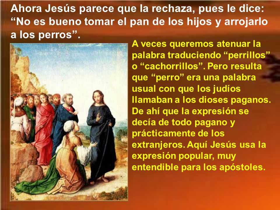 Ahora Jesús parece que la rechaza, pues le dice: No es bueno tomar el pan de los hijos y arrojarlo a los perros .