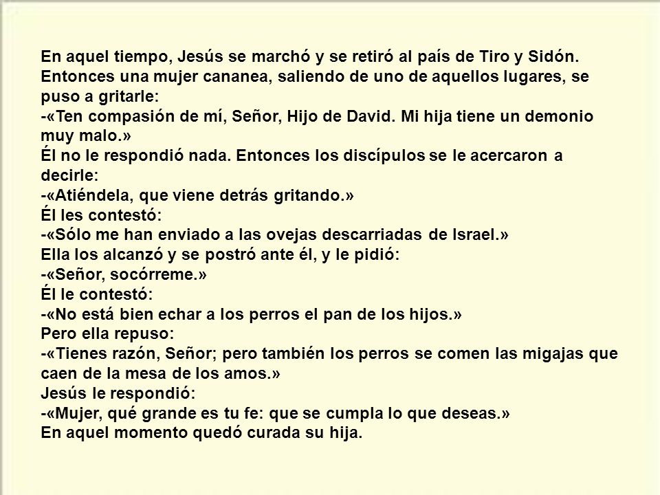 En aquel tiempo, Jesús se marchó y se retiró al país de Tiro y Sidón