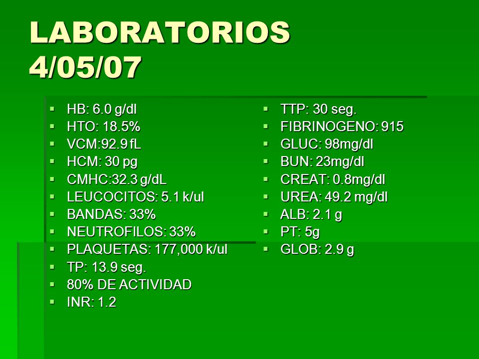 LABORATORIOS 4/05/07 HB: 6.0 g/dl HTO: 18.5% VCM:92.9 fL HCM: 30 pg