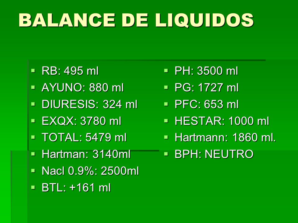 BALANCE DE LIQUIDOS RB: 495 ml AYUNO: 880 ml DIURESIS: 324 ml