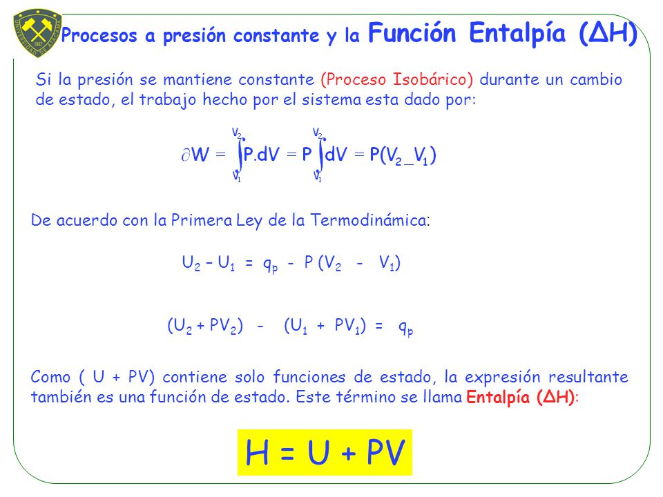 H = U + PV Procesos a presión constante y la Función Entalpía (∆H)