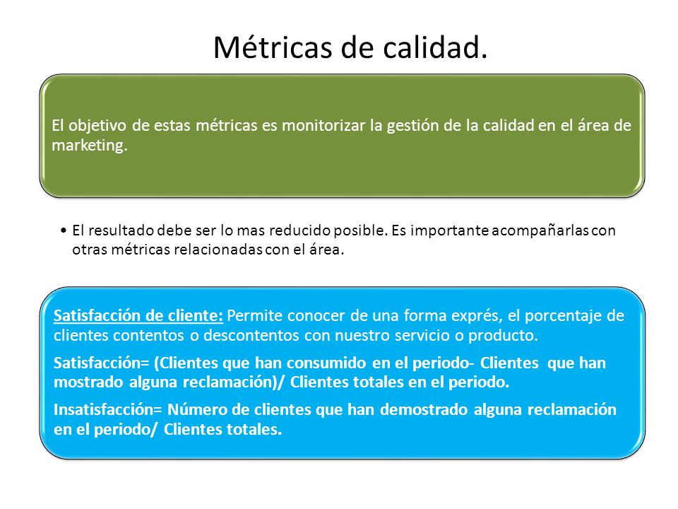 Métricas de calidad. El objetivo de estas métricas es monitorizar la gestión de la calidad en el área de marketing.