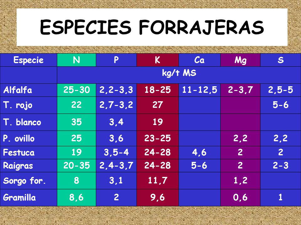 ESPECIES FORRAJERAS Especie N P K Ca Mg S kg/t MS Alfalfa 25-30