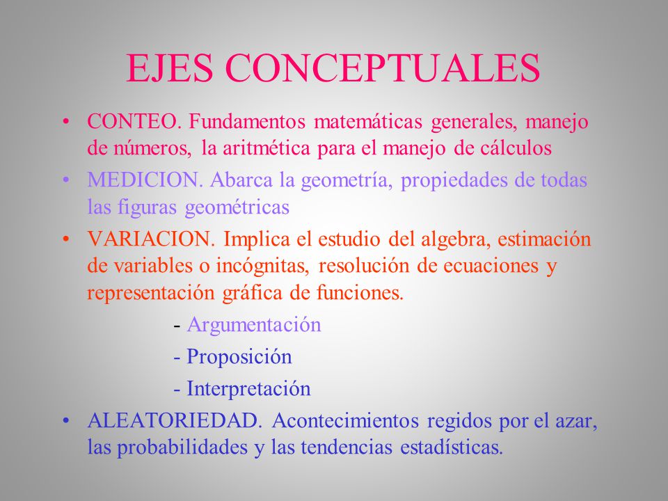 EJES CONCEPTUALES CONTEO. Fundamentos matemáticas generales, manejo de números, la aritmética para el manejo de cálculos.