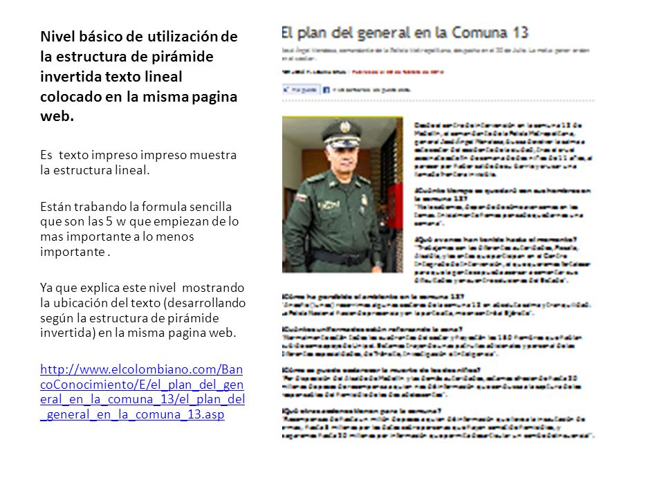 Nivel básico de utilización de la estructura de pirámide invertida texto lineal colocado en la misma pagina web.