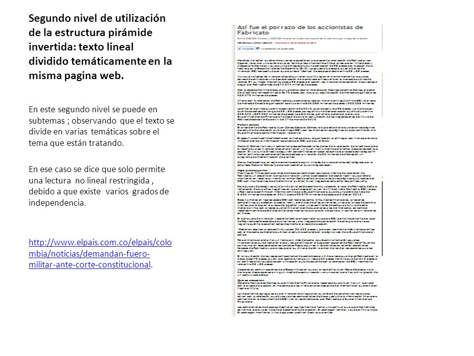 Segundo nivel de utilización de la estructura pirámide invertida: texto lineal dividido temáticamente en la misma pagina web.