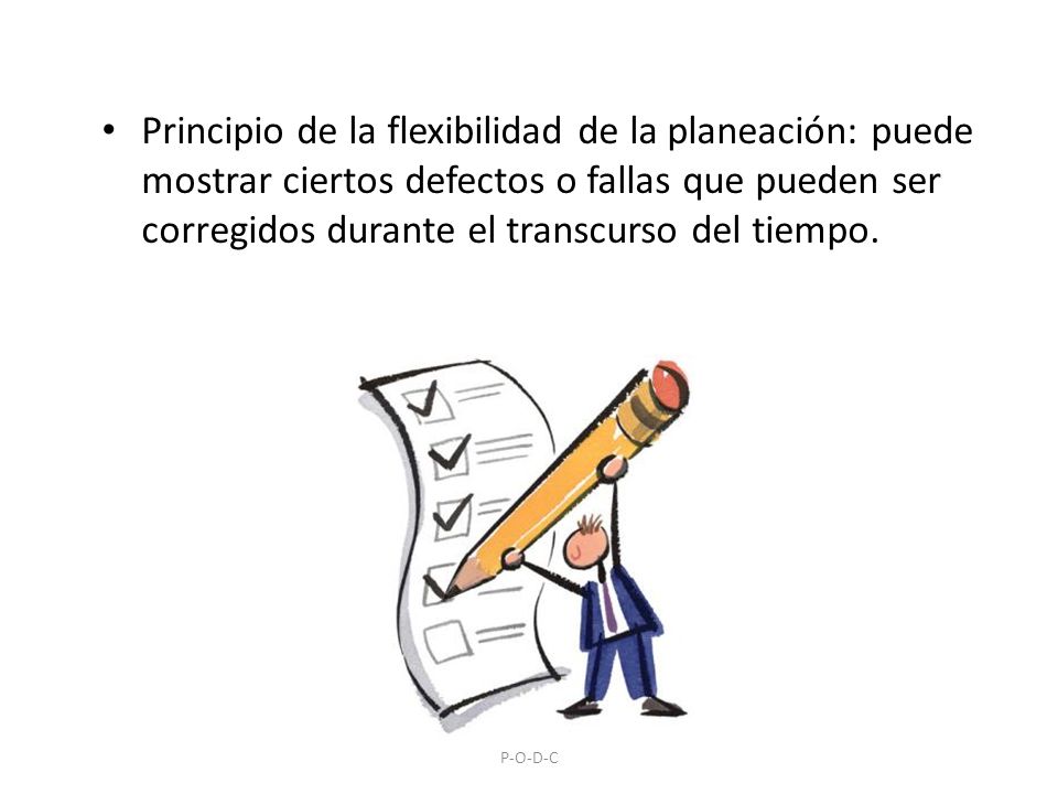 Principio de la flexibilidad de la planeación: puede mostrar ciertos defectos o fallas que pueden ser corregidos durante el transcurso del tiempo.