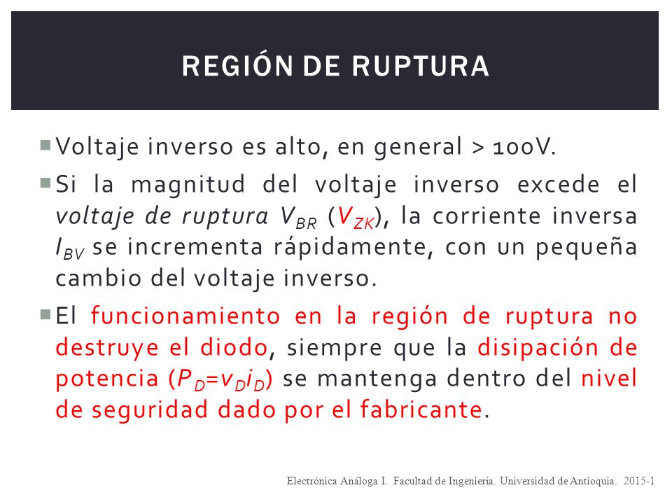 Región de ruptura Voltaje inverso es alto, en general > 100V.