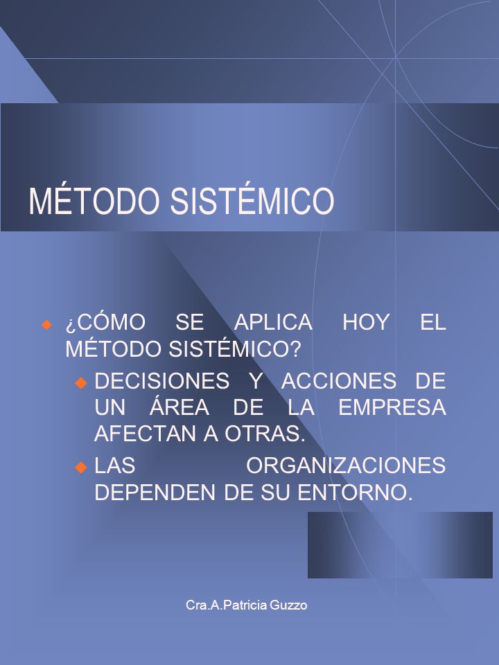 MÉTODO SISTÉMICO ¿CÓMO SE APLICA HOY EL MÉTODO SISTÉMICO DECISIONES Y ACCIONES DE UN ÁREA DE LA EMPRESA AFECTAN A OTRAS.