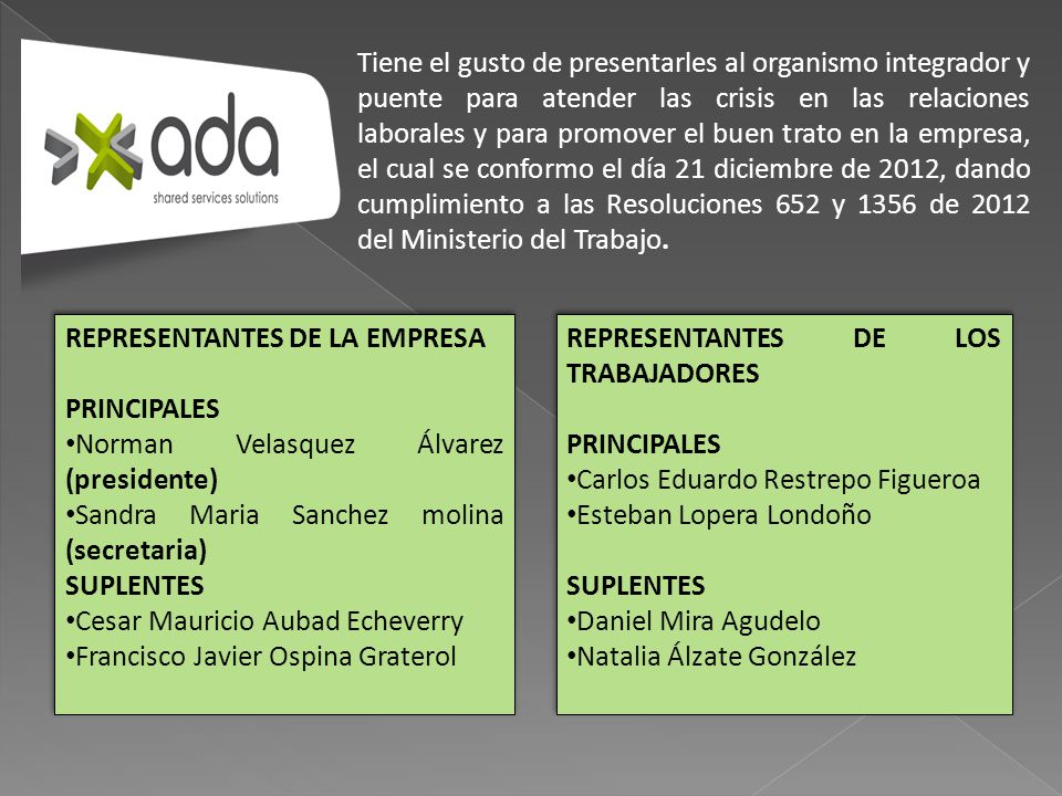 Tiene el gusto de presentarles al organismo integrador y puente para atender las crisis en las relaciones laborales y para promover el buen trato en la empresa, el cual se conformo el día 21 diciembre de 2012, dando cumplimiento a las Resoluciones 652 y 1356 de 2012 del Ministerio del Trabajo.