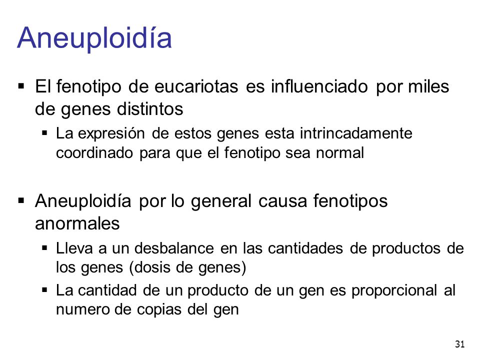Aneuploidía El fenotipo de eucariotas es influenciado por miles de genes distintos.