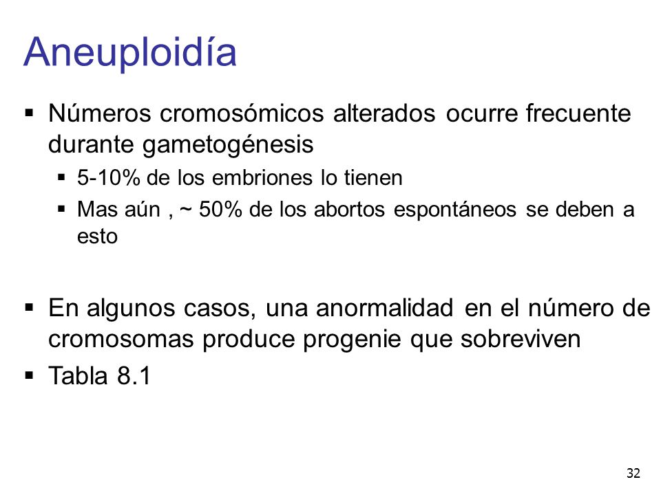 Aneuploidía Números cromosómicos alterados ocurre frecuente durante gametogénesis. 5-10% de los embriones lo tienen.