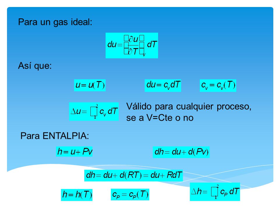 Para un gas ideal: Así que: Válido para cualquier proceso, se a V=Cte o no Para ENTALPIA: