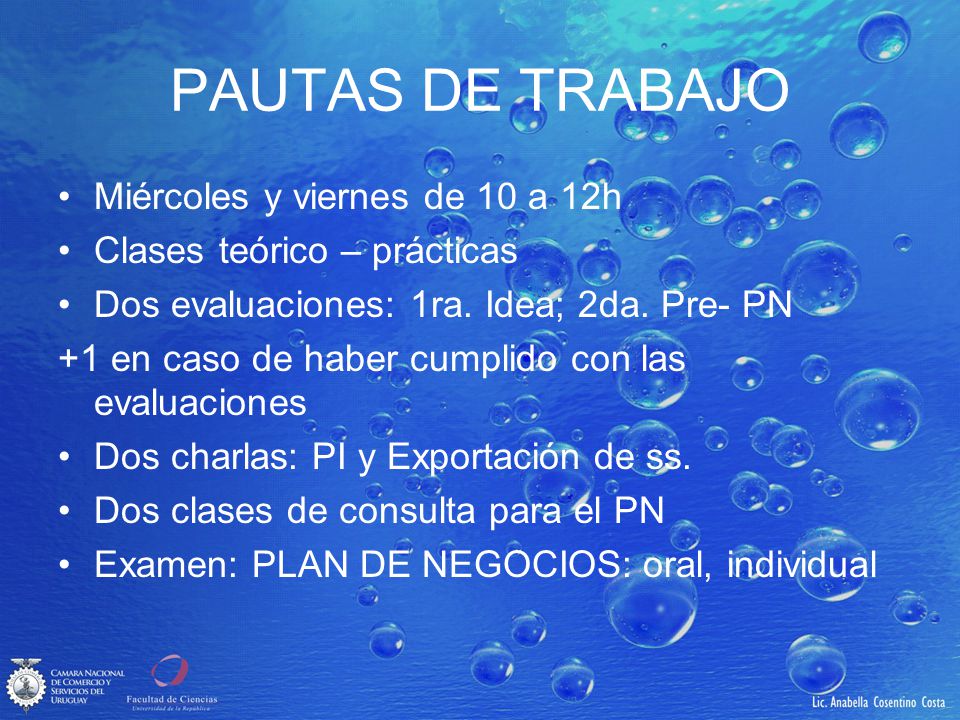 PAUTAS DE TRABAJO Miércoles y viernes de 10 a 12h