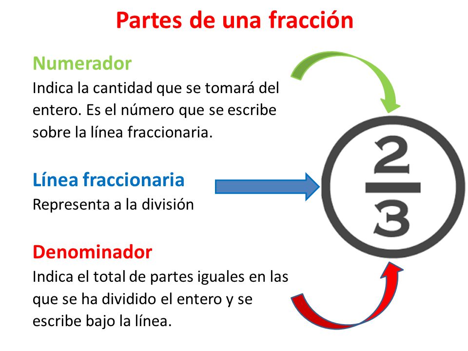 Partes de una fracción Numerador Línea fraccionaria Denominador