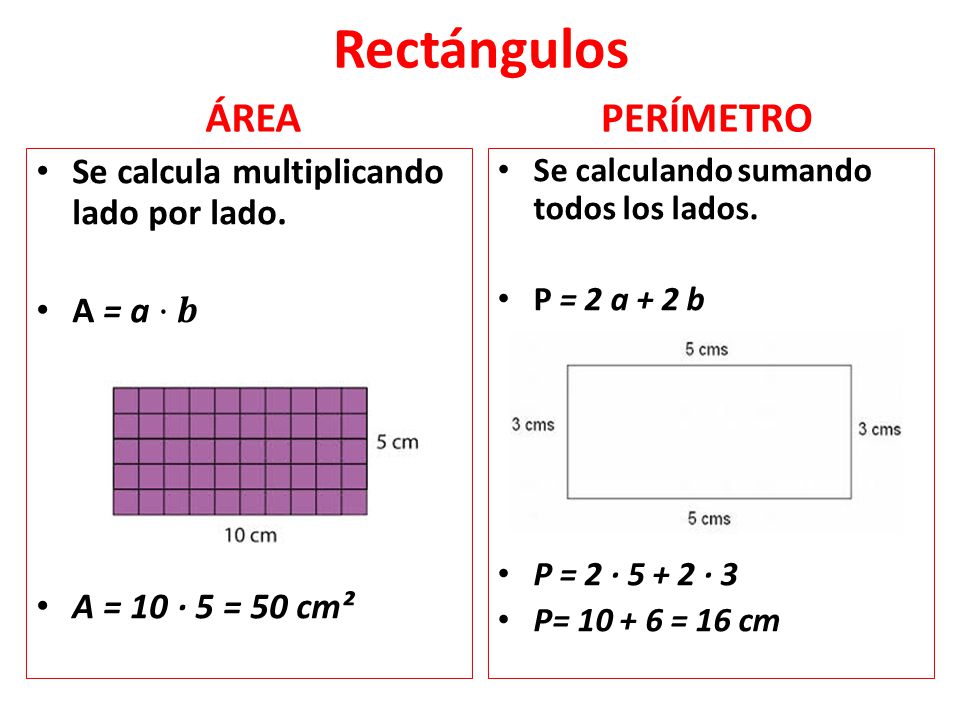 Rectángulos ÁREA PERÍMETRO Se calcula multiplicando lado por lado.
