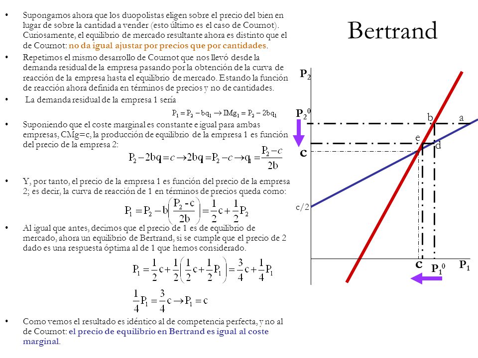 Supongamos ahora que los duopolistas eligen sobre el precio del bien en lugar de sobre la cantidad a vender (esto último es el caso de Cournot). Curiosamente, el equilibrio de mercado resultante ahora es distinto que el de Cournot: no da igual ajustar por precios que por cantidades.