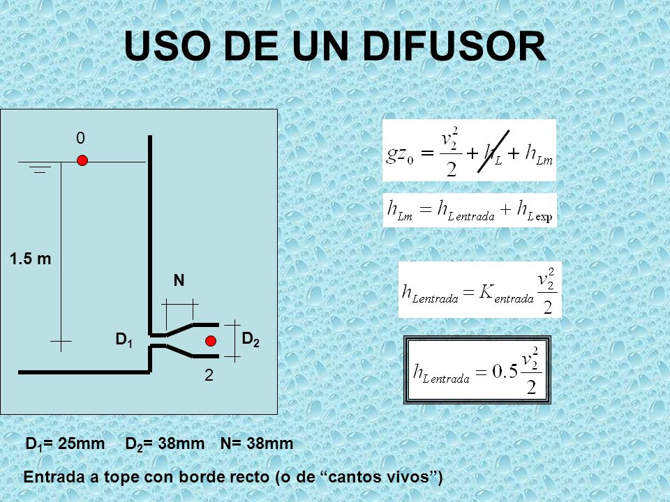 USO DE UN DIFUSOR N D2 D1 1.5 m 2 D1= 25mm D2= 38mm N= 38mm