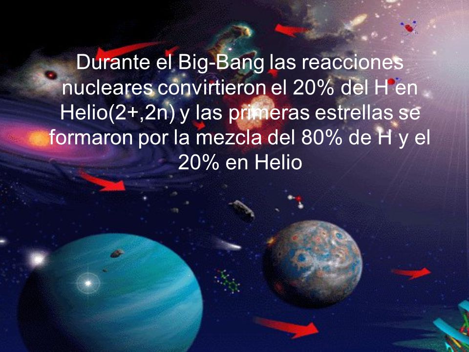 Durante el Big-Bang las reacciones nucleares convirtieron el 20% del H en Helio(2+,2n) y las primeras estrellas se formaron por la mezcla del 80% de H y el 20% en Helio