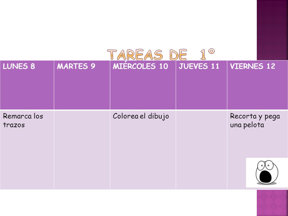 Tareas de 1º LUNES 8 MARTES 9 MIÉRCOLES 10 JUEVES 11 VIERNES 12