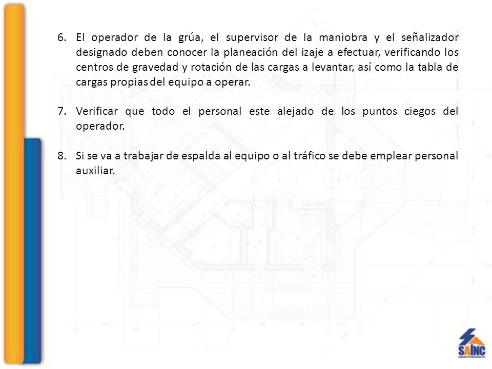 El operador de la grúa, el supervisor de la maniobra y el señalizador designado deben conocer la planeación del izaje a efectuar, verificando los centros de gravedad y rotación de las cargas a levantar, así como la tabla de cargas propias del equipo a operar.