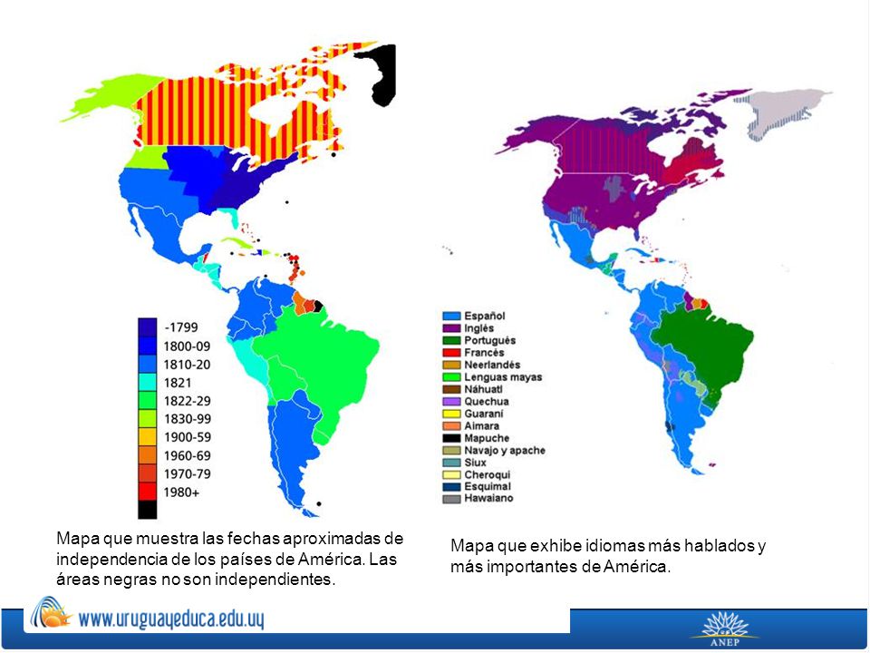 Mapa que muestra las fechas aproximadas de independencia de los países de América. Las áreas negras no son independientes.