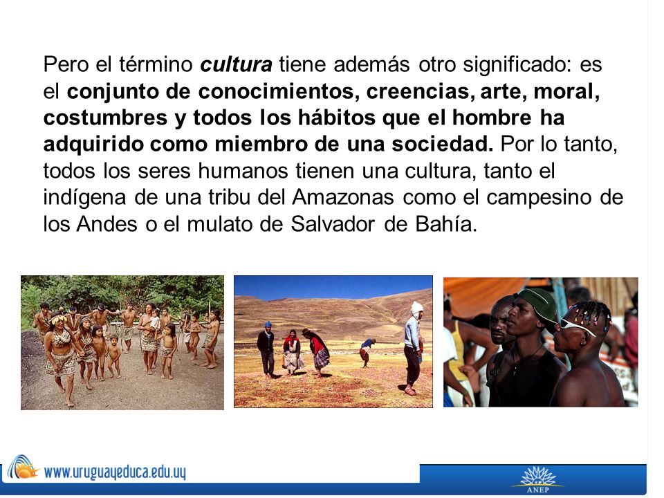 Pero el término cultura tiene además otro significado: es el conjunto de conocimientos, creencias, arte, moral, costumbres y todos los hábitos que el hombre ha adquirido como miembro de una sociedad.