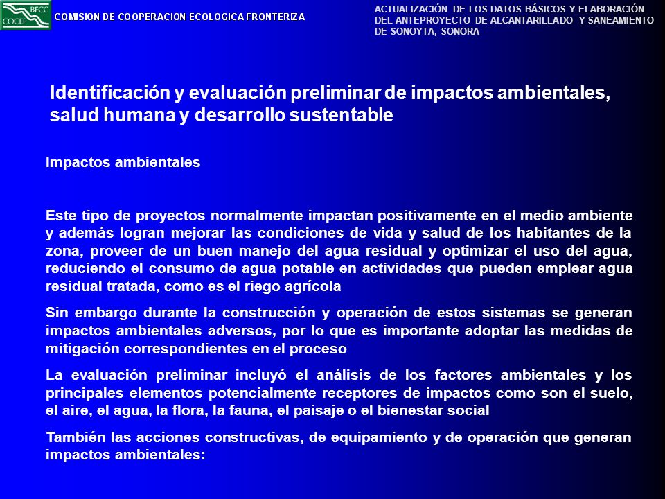 Identificación y evaluación preliminar de impactos ambientales, salud humana y desarrollo sustentable