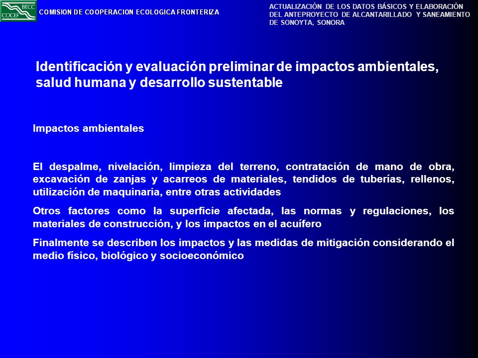 Identificación y evaluación preliminar de impactos ambientales, salud humana y desarrollo sustentable