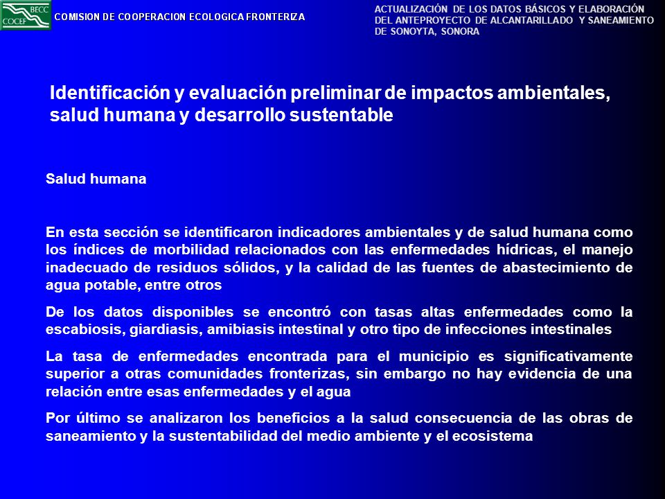Identificación y evaluación preliminar de impactos ambientales, salud humana y desarrollo sustentable