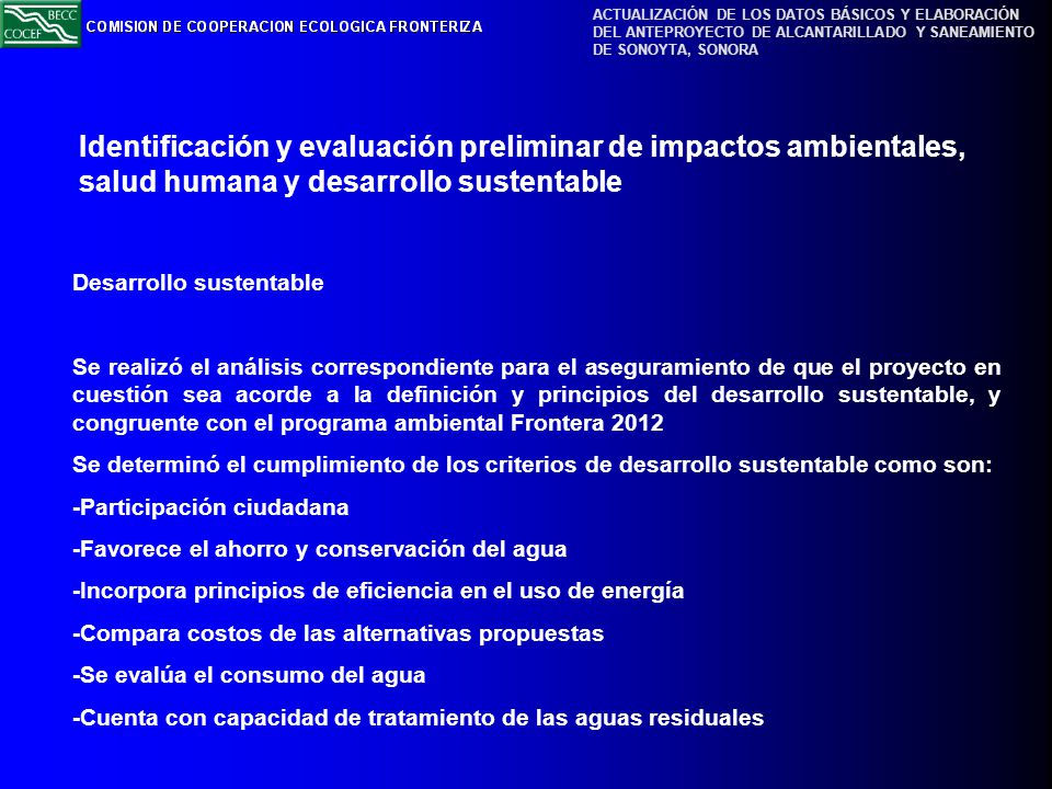 Identificación y evaluación preliminar de impactos ambientales, salud humana y desarrollo sustentable