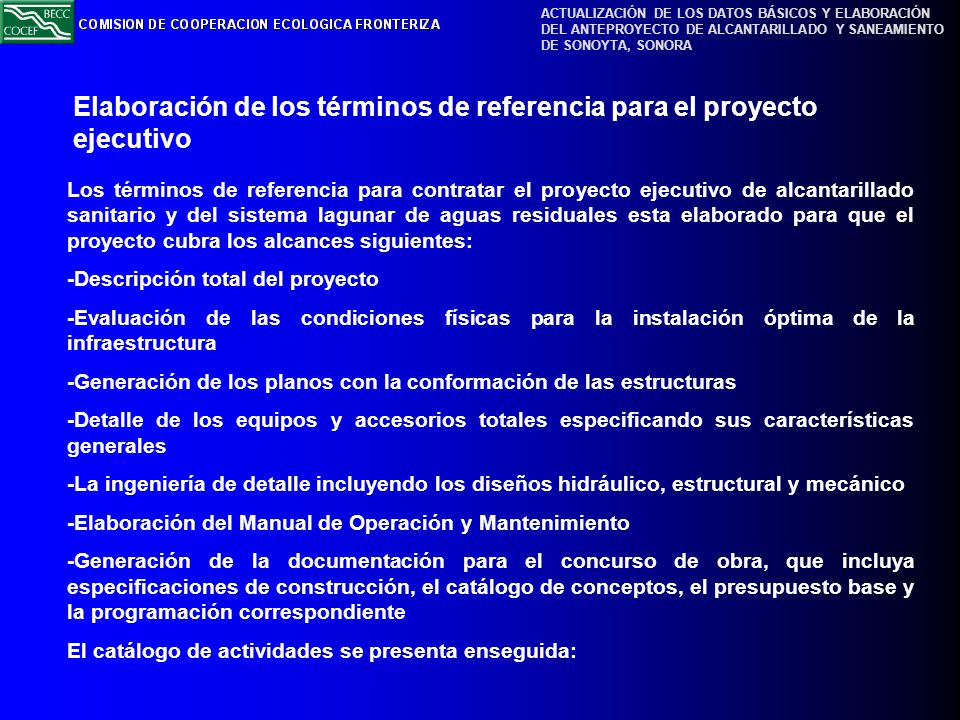 Elaboración de los términos de referencia para el proyecto ejecutivo