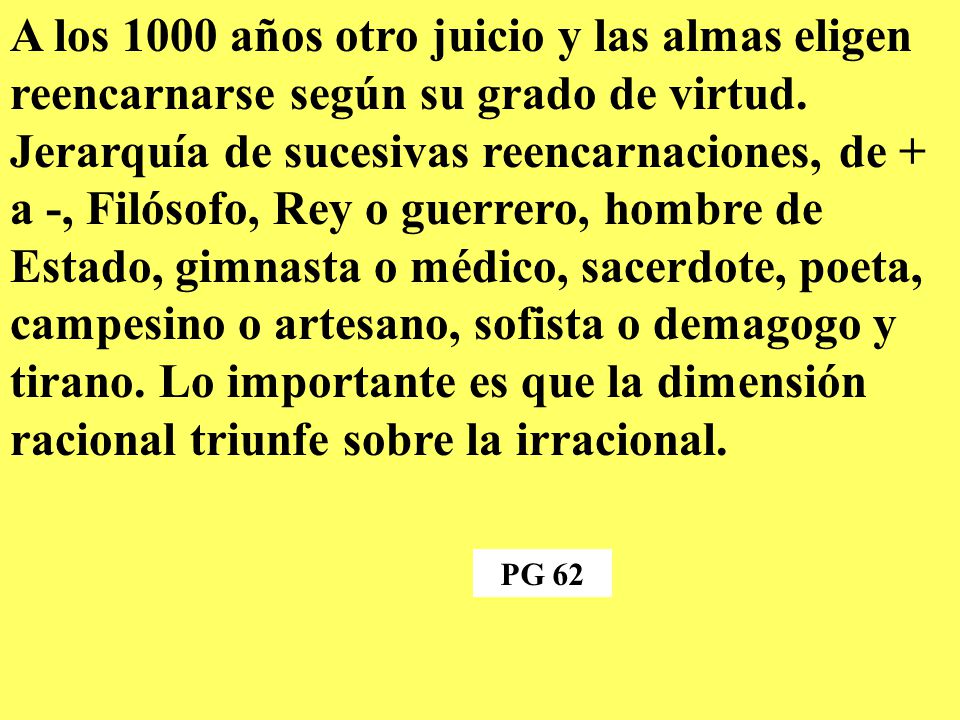 A los 1000 años otro juicio y las almas eligen reencarnarse según su grado de virtud. Jerarquía de sucesivas reencarnaciones, de + a -, Filósofo, Rey o guerrero, hombre de Estado, gimnasta o médico, sacerdote, poeta, campesino o artesano, sofista o demagogo y tirano. Lo importante es que la dimensión racional triunfe sobre la irracional.