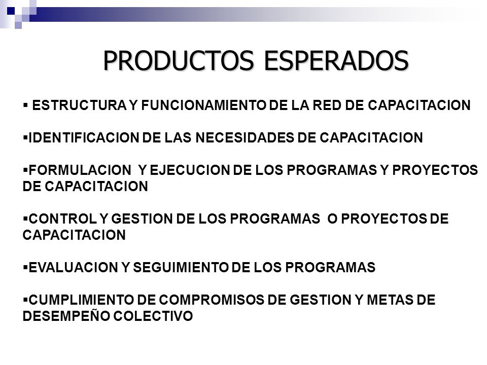 PRODUCTOS ESPERADOS ESTRUCTURA Y FUNCIONAMIENTO DE LA RED DE CAPACITACION. IDENTIFICACION DE LAS NECESIDADES DE CAPACITACION.