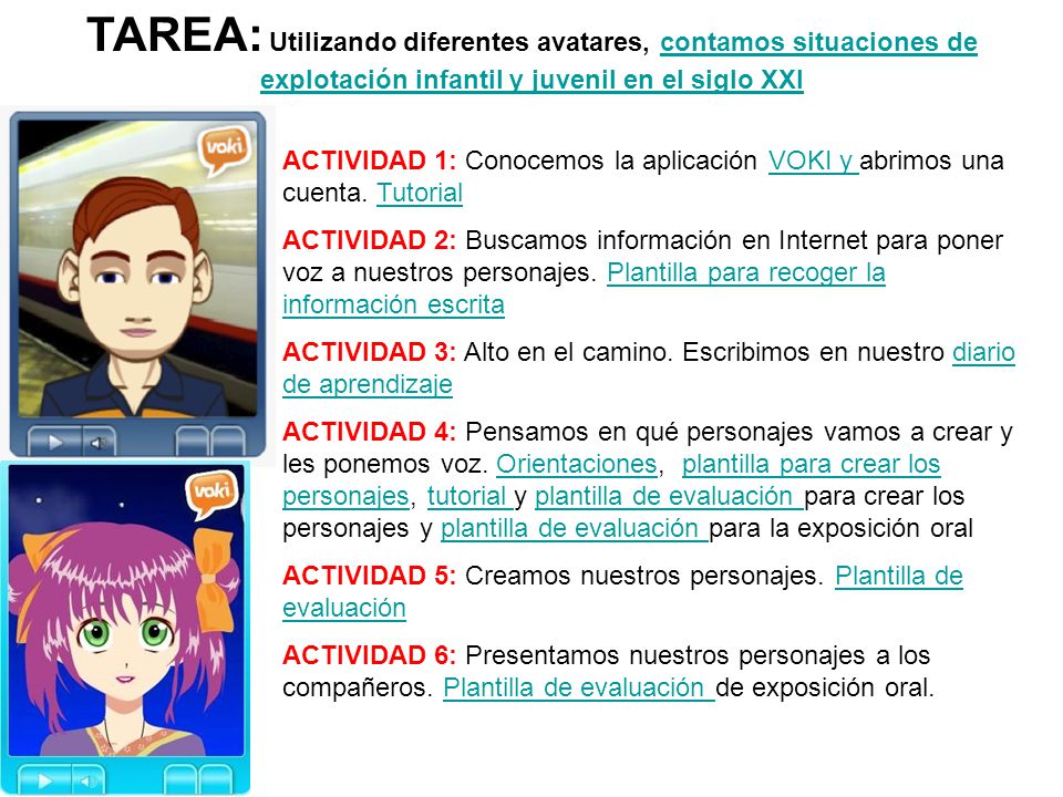 TAREA: Utilizando diferentes avatares, contamos situaciones de explotación infantil y juvenil en el siglo XXI