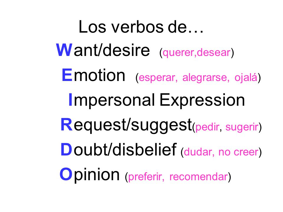 Los verbos de… W. E. I. R. D. O. ant/desire (querer,desear) motion (esperar, alegrarse, ojalá)