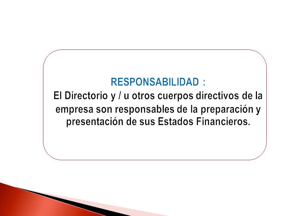 RESPONSABILIDAD : El Directorio y / u otros cuerpos directivos de la empresa son responsables de la preparación y presentación de sus Estados Financieros.