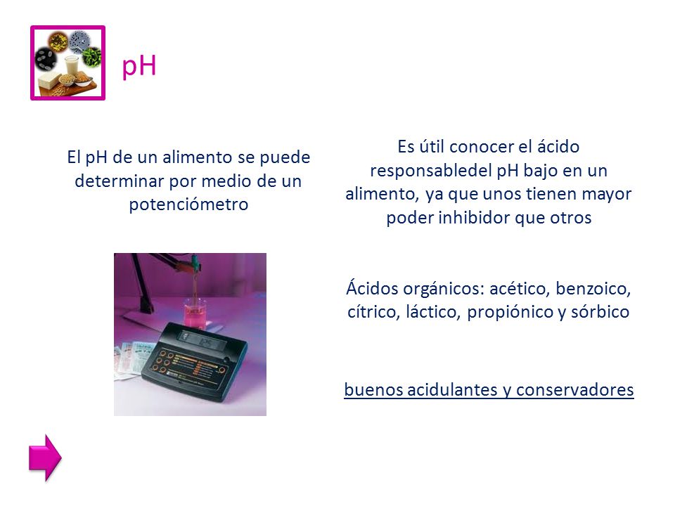 pH Es útil conocer el ácido responsabledel pH bajo en un alimento, ya que unos tienen mayor poder inhibidor que otros.
