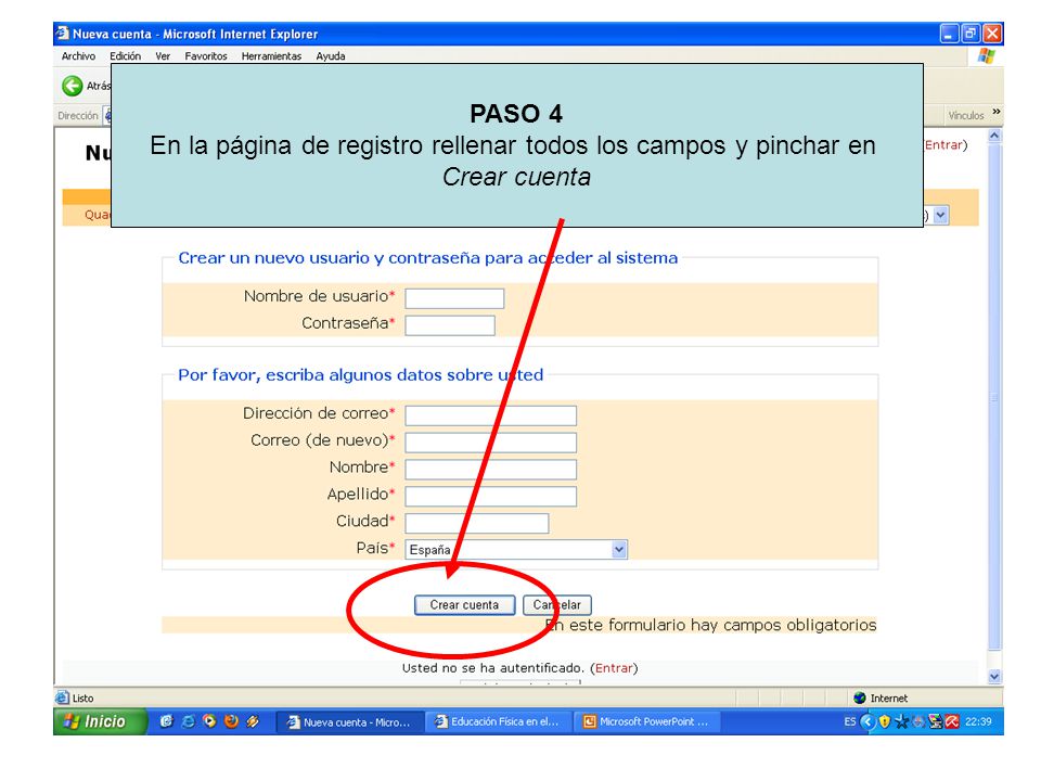 En la página de registro rellenar todos los campos y pinchar en