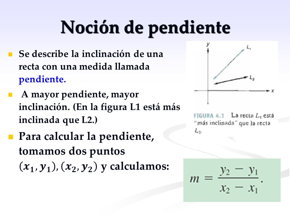 Noción de pendiente Se describe la inclinación de una recta con una medida llamada pendiente.