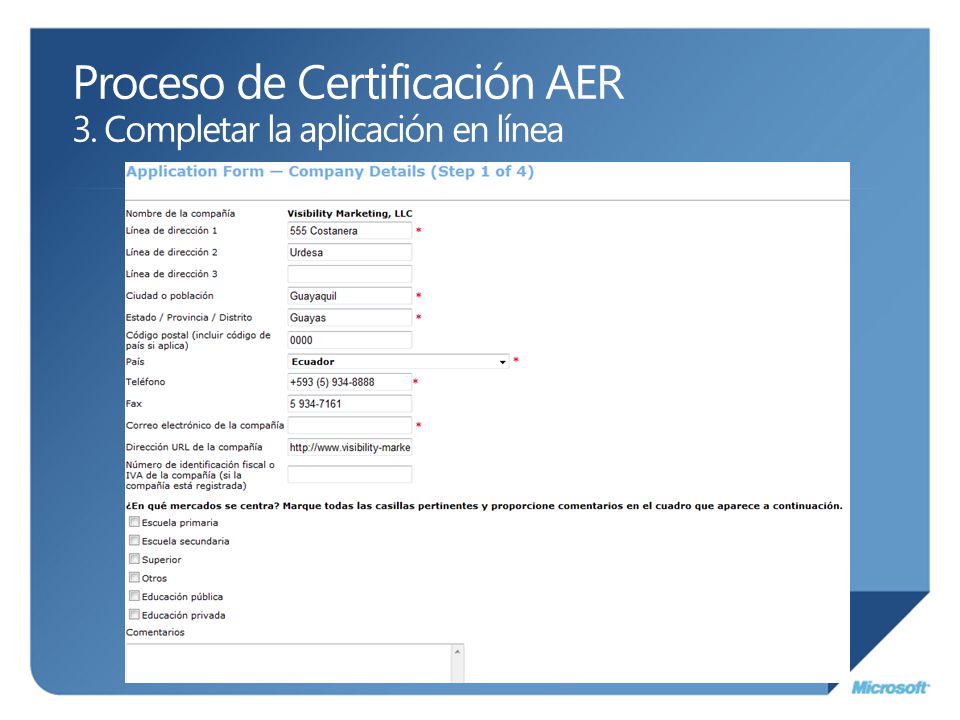 Proceso de Certificación AER 3. Completar la aplicación en línea