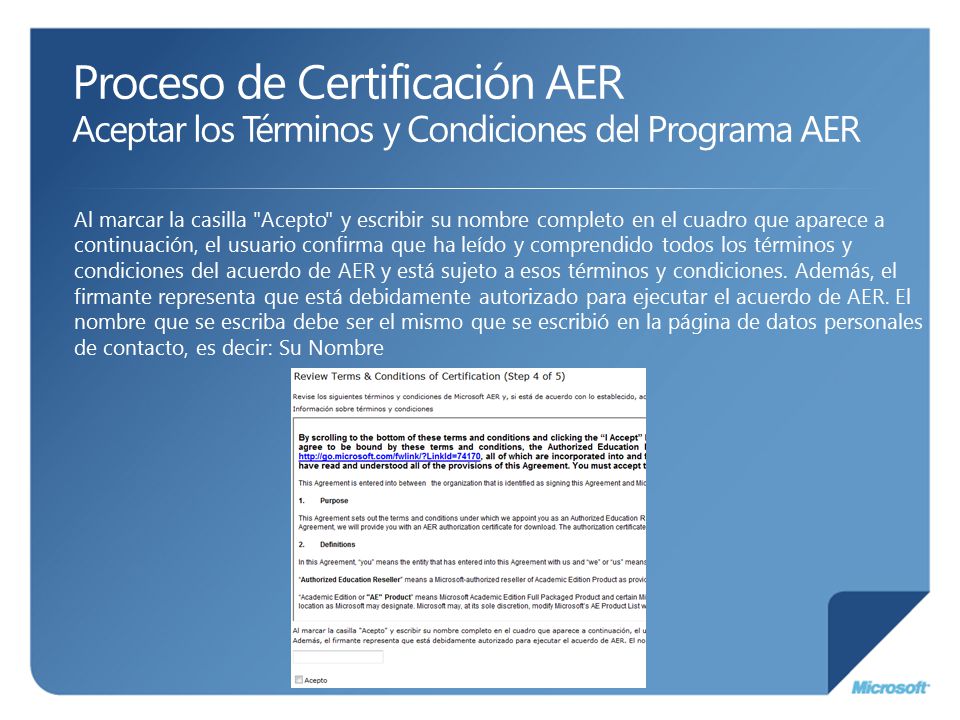 Proceso de Certificación AER Aceptar los Términos y Condiciones del Programa AER